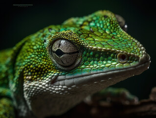 A close-up of a green Madagascar lizard head