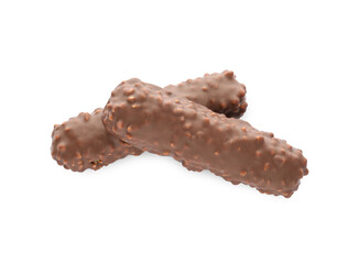 Two tasty chocolate bars on white background, top view