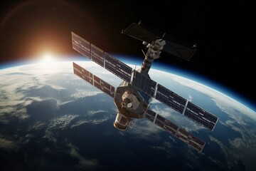 Communication satellite with solar panels in orbit for research or surveillance, depicted in a stock illustration. Generative AI