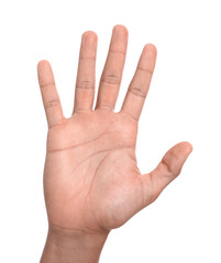 Man giving high five on white background, closeup of hand