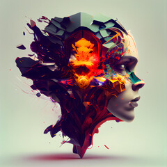 Human head made of colorful splashes and blots. 3D rendering