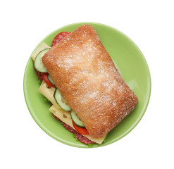 Delicious sandwich with fresh vegetables, cheese and salami isolated on white, top view