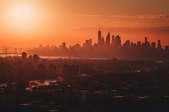 Breathtaking aerial view of the city skyline at sunset