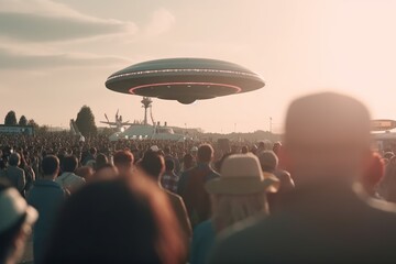 Fototapeta na wymiar ufo at an 80s crowd. Generative AI