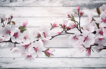 Wooden background with cherry blossoms over it. Generative Ai. 