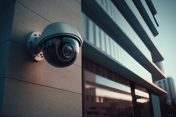 Security camera on modern building. Professional surveillance cameras. CCTV on the wall in the city. Security system, technology. Video equipment for safety system area control outdoor. Generative AI