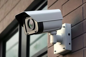 Fototapeta na wymiar Security camera on modern building. Professional surveillance cameras. CCTV on the wall in the city. Security system, technology. Video equipment for safety system area control outdoor. Generative AI