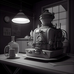 3d illustration of an old steam locomotive in a dark room