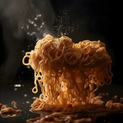 Dry instant noodle with splashes of water on black background