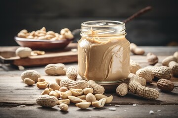 An open jar of peanut butter on a white wooden background with scattered peanuts. Generative AI