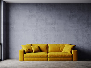 Livingroom with a dark wall made of concrete plaster - microcement decorative stucco. Bright mustard yellow sofa. Accent room design.Mockup lounge hall for art or furniture. 3d render
