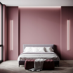Bedroom in luxury pink mauve color. The deep accent color rose of the walls of the room and the gray bed. Painted place blank for creativity, art or pictures. 3d rendering
