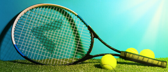 Tennis racket and balls on green grass against light blue background, space for text. Banner design