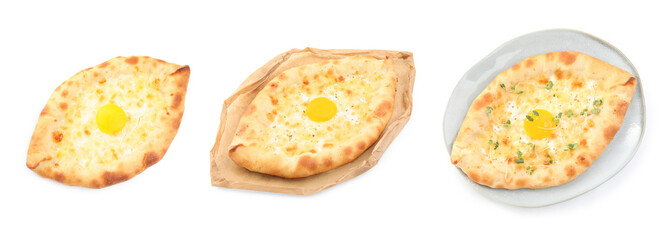 Collage with tasty Adjarian khachapuris on white background