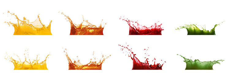 Splashing different fresh juices isolated on white, collage design