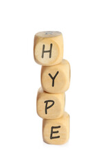 Word Hype of wooden cubes with letters on white background