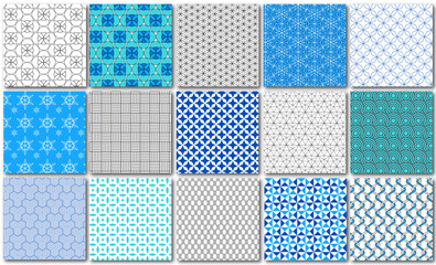 Simple geometric seamless pattern set in black and shades of blue. Stars, snowflakes, swirls, fence and abstract designs for backgrounds. Vector illustation swatches.