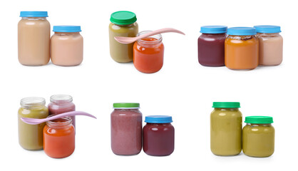 Set of baby food in jars isolated on white