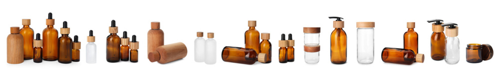 Collage with different bottles isolated on white