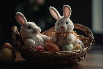 Fototapeta na wymiar Colorful anime Easter bunny holding another bunny in basket with eggs. Generative AI