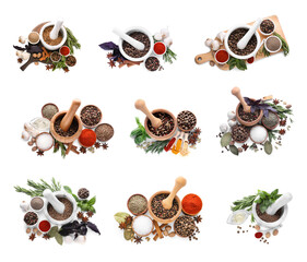 Mortars with spices and herbs on white background, collage design © New Africa