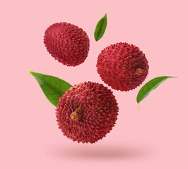 Fresh lychees with green leaves falling on pink background
