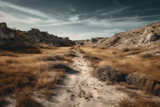 A path running across the dry flatlands of Pag Island. Generative AI