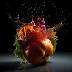 fresh vegetable with water splash isolated on black background. creative photo.