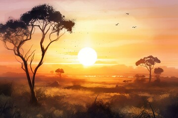 Fototapeta na wymiar Watercolor drawing of sunrise over African savannah. Generative AI