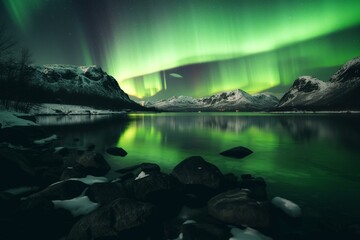 Fototapeta na wymiar Experience the beauty of aurora borealis and nocturnal lake scenery. Generative AI