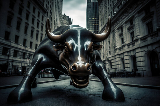 Angry bull on wall street, stock market, stocks, finance, forex, trading, cryptocurrencies, cryptocurrency, crypto. Generative AI