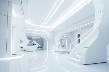 A futuristic white interior with neon lights in abstract minimalist architecture. Created with 3D rendering. Generative AI