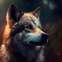 Portrait of a wolf in the autumn forest. Digital painting.