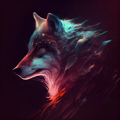 Digital painting of a wolf head with colorful fire and smoke on black background