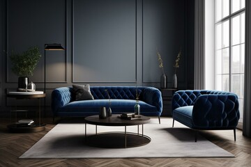 Modern living room features royal blue sofa against Scandi-style blue backdrop. 3D render. Generative AI