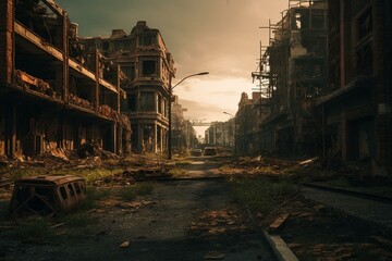 Decaying remains of post-apocalyptic metropolis. Generative AI