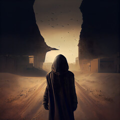 Mysterious man in the middle of the desert. Halloween concept