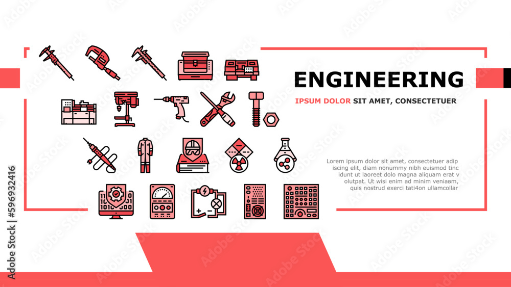 Poster engineering tool work wrench landing header vector