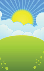 Sun, flowers ,trees and cloudy sky on green hill cartoon art
