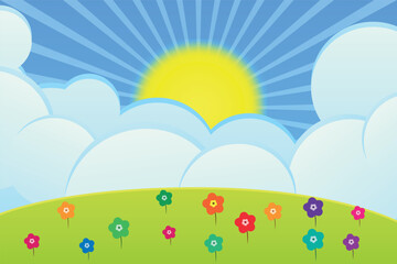 Sun, flowers ,trees and cloudy sky on green hill cartoon art