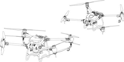 Drones Agro Quadrocopter FPV Line Stroke. Drone Vector Isolated. White Background. R2023001