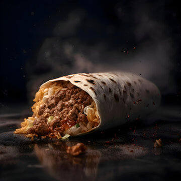 Burrito with meat, cheese and vegetables on a black background.