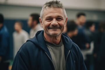 Portrait of a smiling senior man standing in fitness studio and looking at camera
