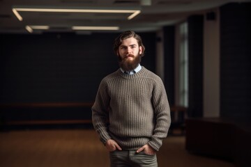 Fototapeta na wymiar Portrait of a handsome young man with a beard and mustache in a sweater standing in an office