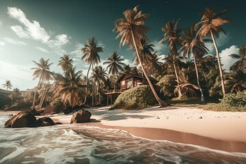 A paradise in the sea with palm trees and sandy beach. Generative AI