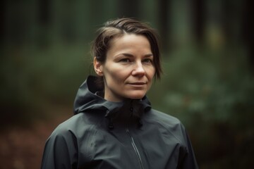 Portrait of a young woman in a black raincoat in the forest