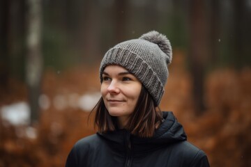 Portrait of a beautiful girl in a hat and a black jacket in the autumn forest
