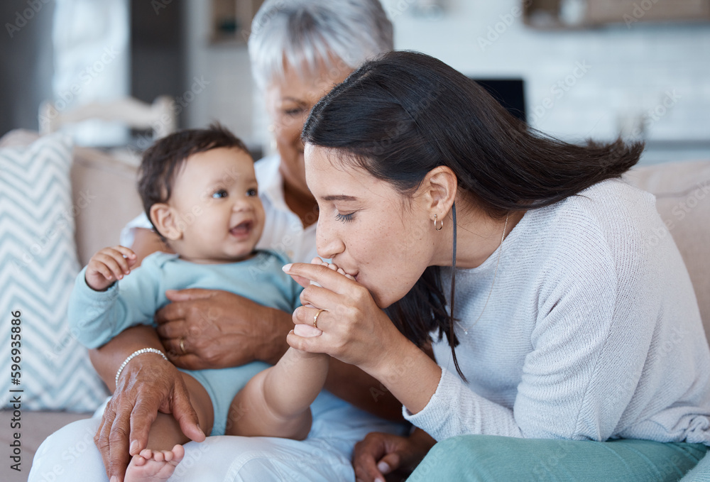 Sticker Chubby toe attack. Shot of a mature woman bonding with her granddaughter and daughter on the sofa at home.