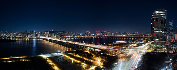 Night view of Seoul and Han River in Korea