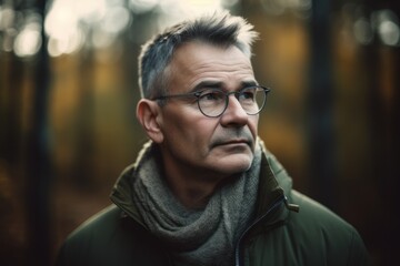 Portrait of a middle-aged man with glasses in the autumn forest